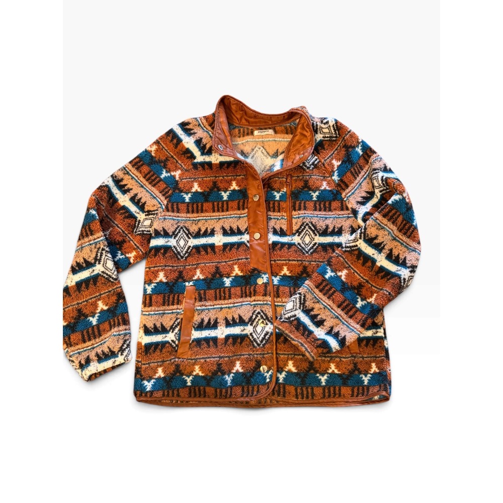 Zeagoo Womens Southwestern Sherpa Fleece Jacket Rust Teal Geometric Snap Front S